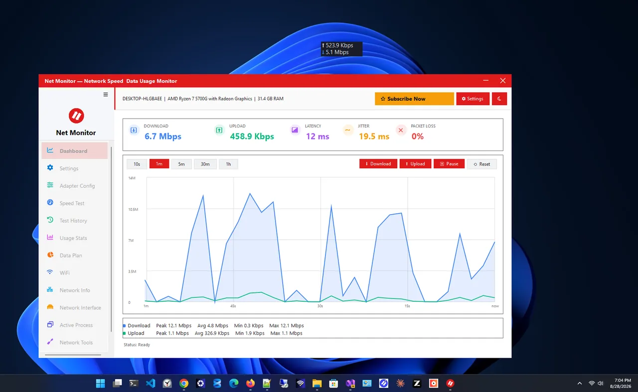 Net Monitor dashboard with live download and upload speed