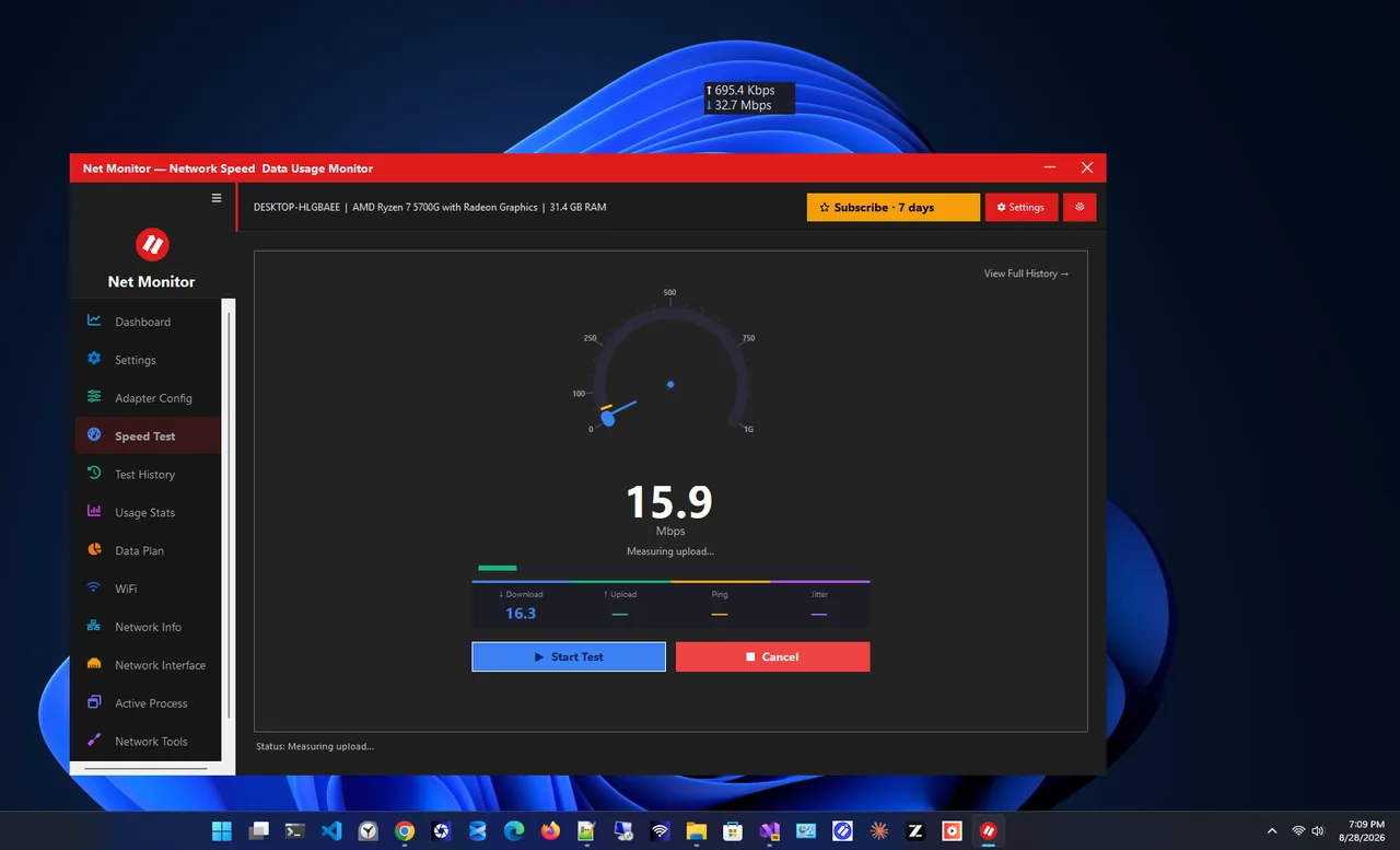 Net Monitor speed test showing download and upload results