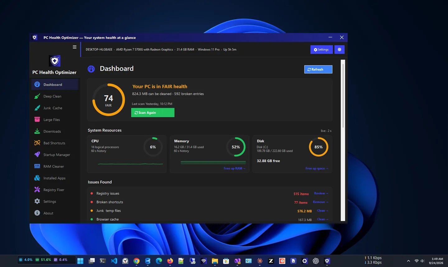 PC Health Optimizer dashboard with a health score and resource usage