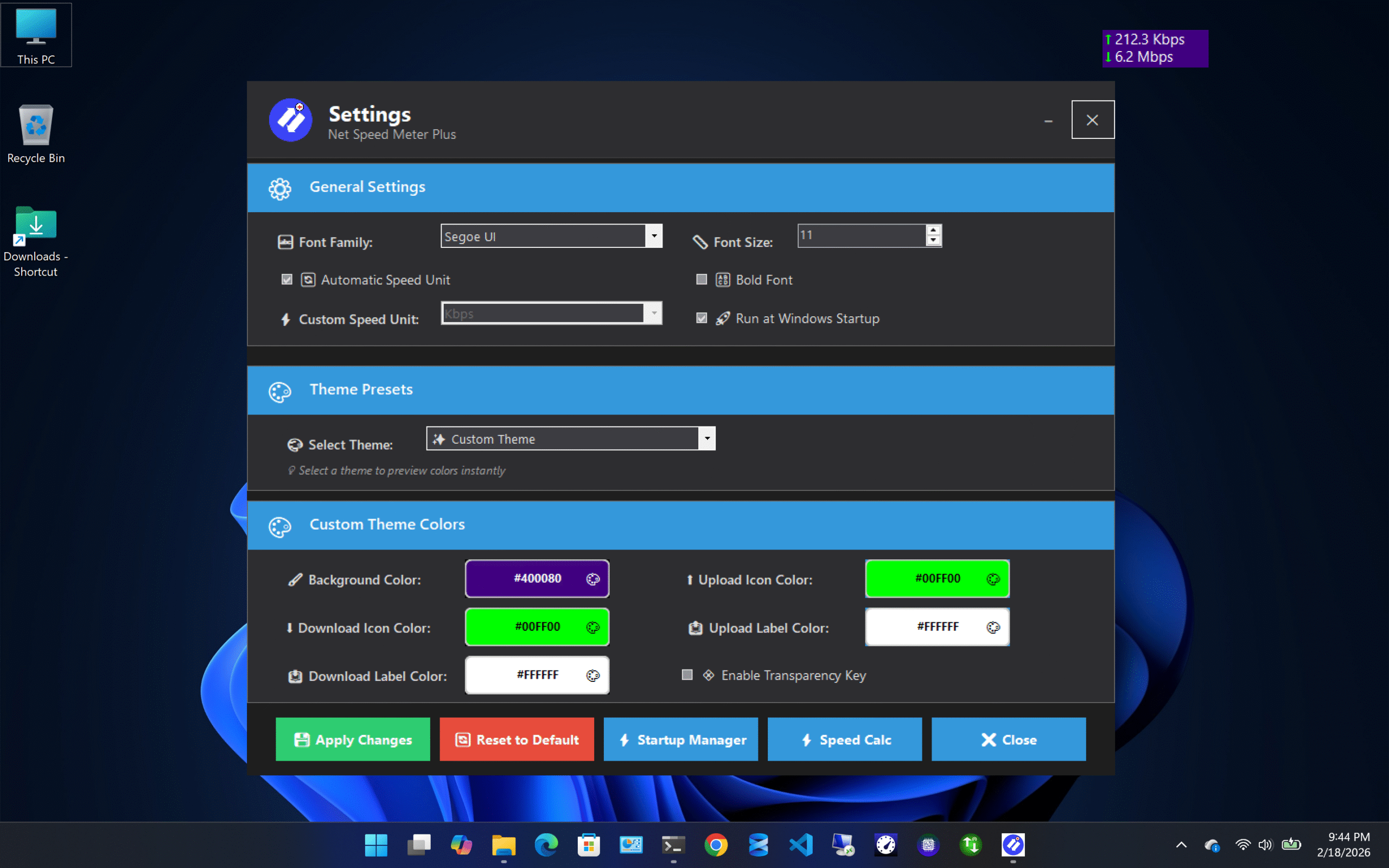 Net Speed Meter Plus real-time speed display showing download and upload speeds in taskbar