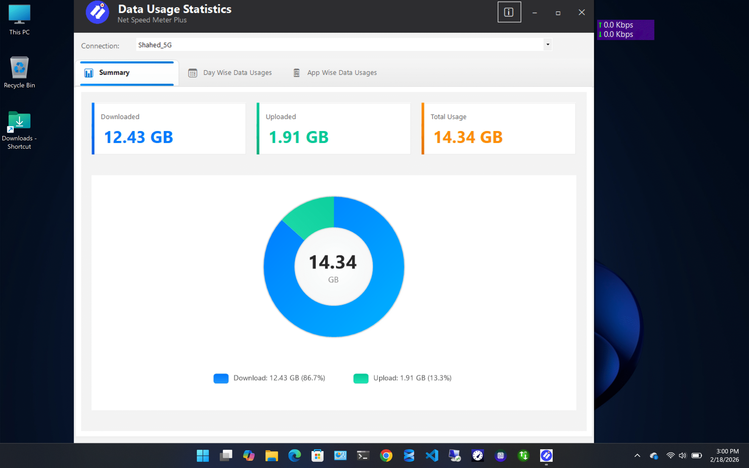 Net Speed Meter Plus monthly data usage statistics showing detailed bandwidth consumption over time