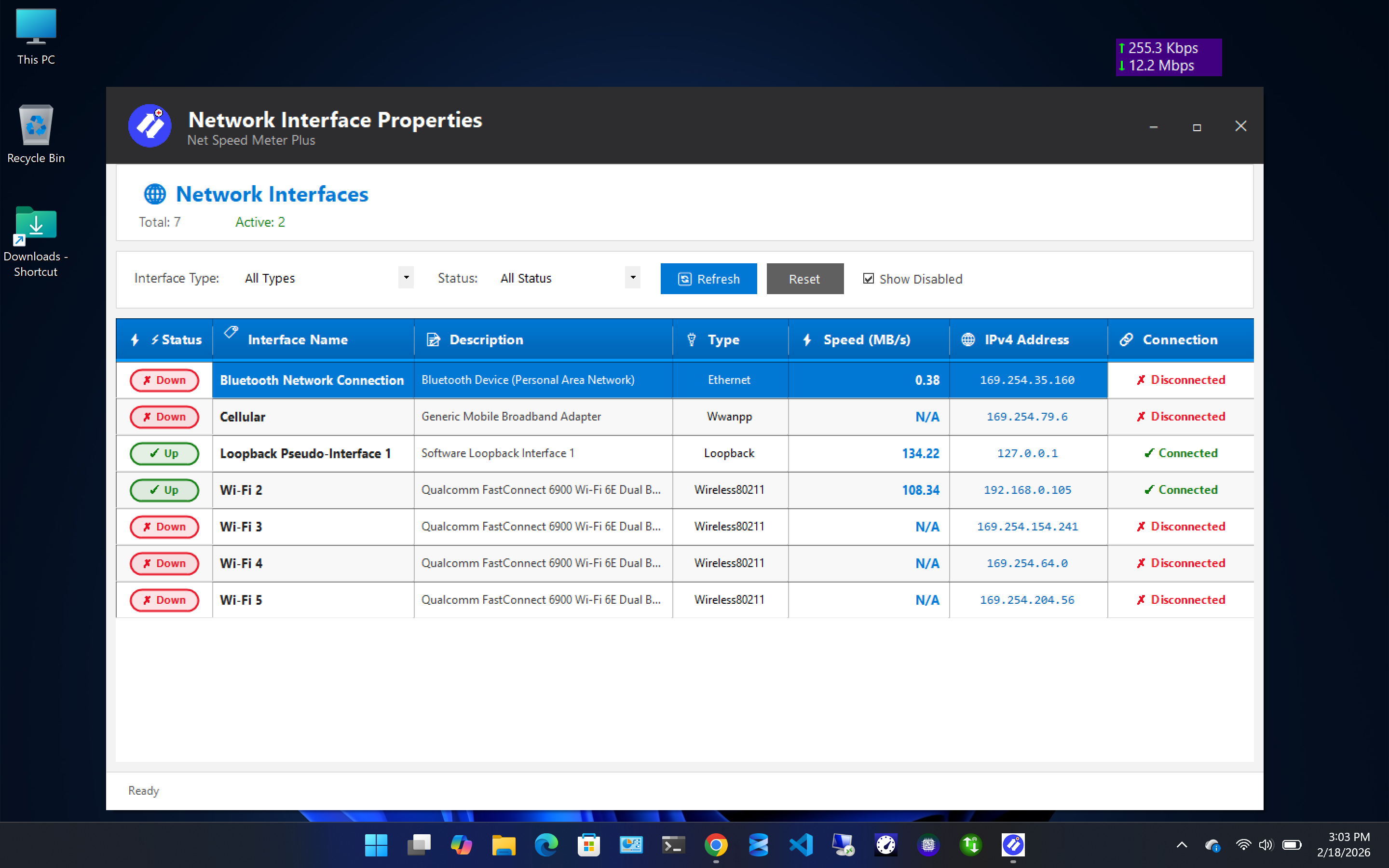 Net Speed Meter Plus network information panel showing connection details and IP address